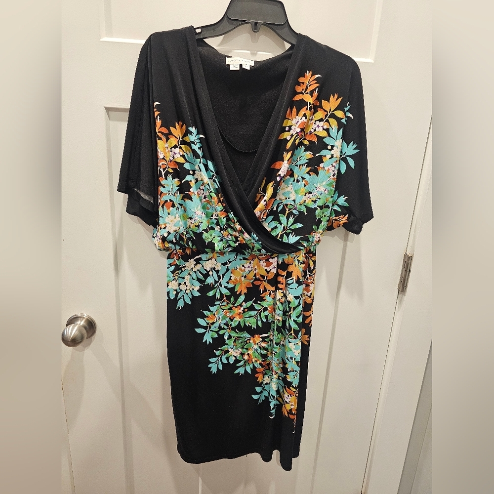 London Times Black Midi Dress with Teal and Orange Floral Print